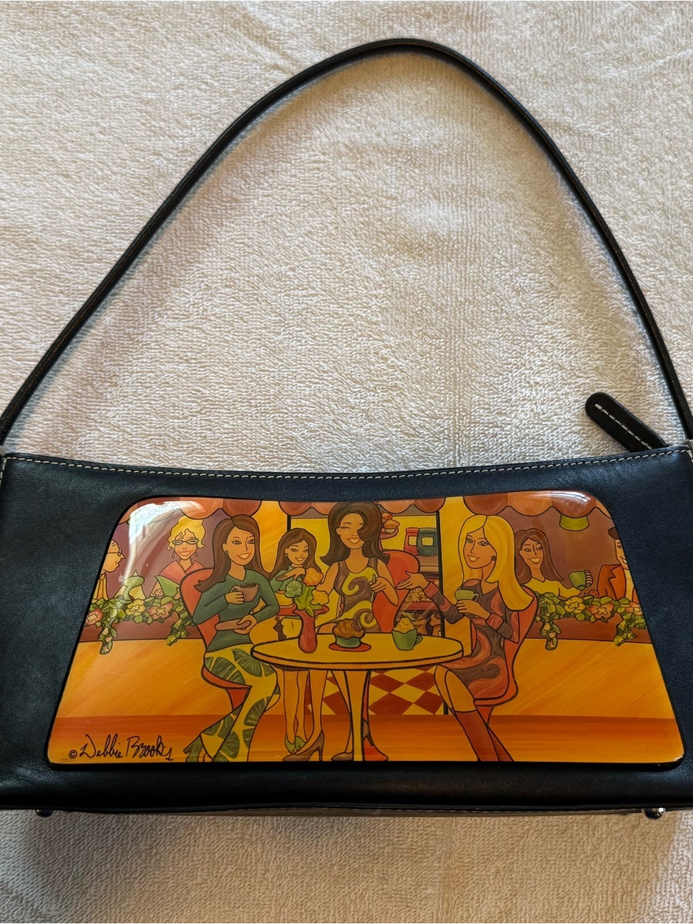 Debbie Brooks Black Shoulder Bag With Colorful Caf Illustration Panel